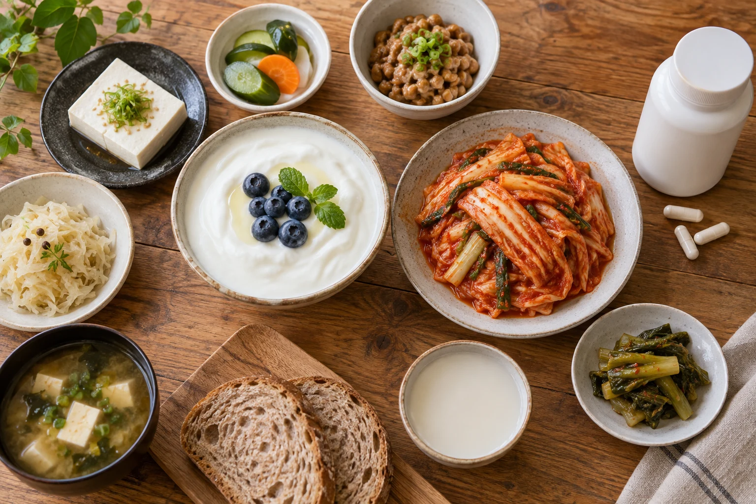 아침 식탁 위 물컵과 유산균 캡슐, 탁상시계가 함께 놓인 모습